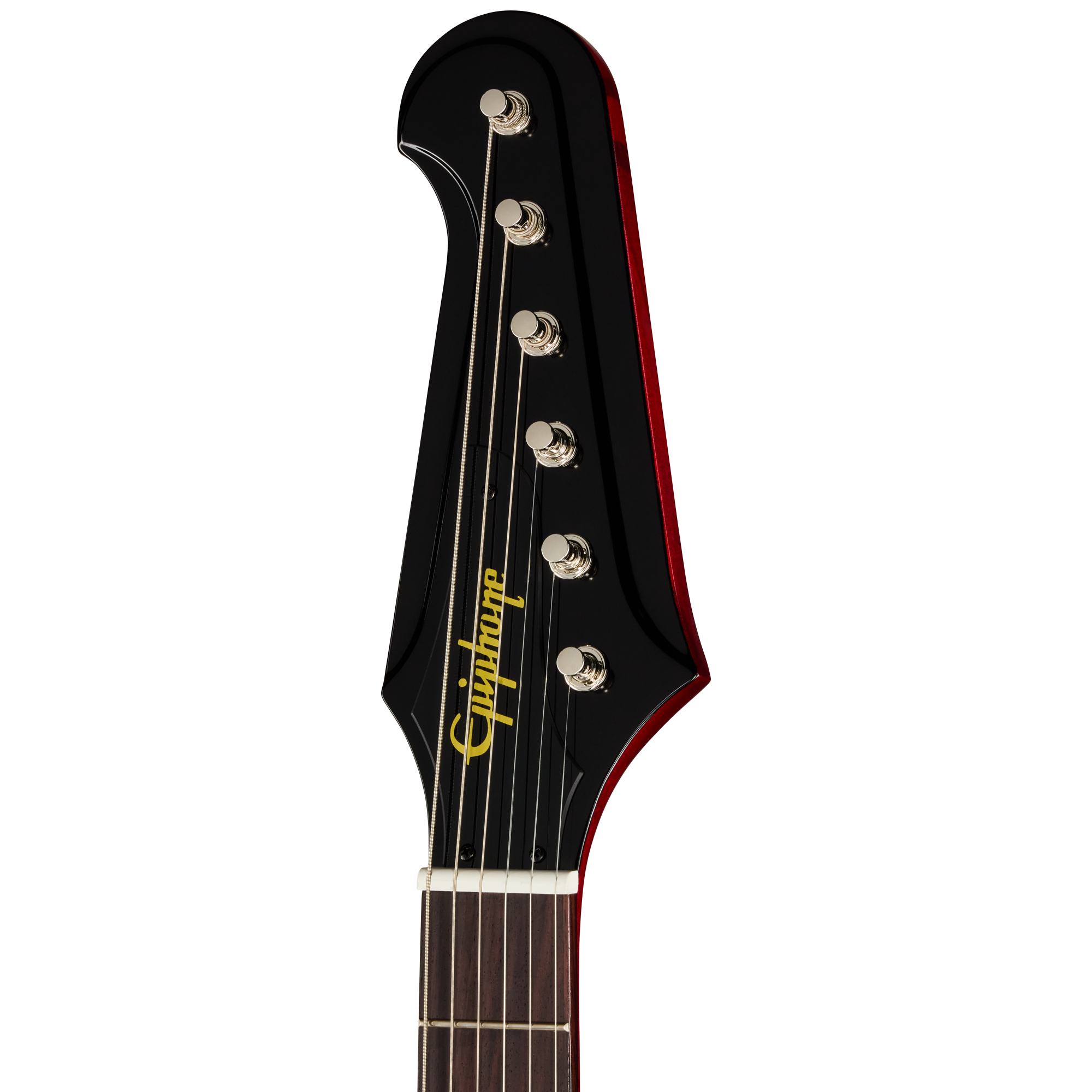 E-Gitarren-Kopfplatte, schwarzes Hochglanz-Finish, rote Korpuskante, sechs Stimmwirbel, Griffbrett aus Holz